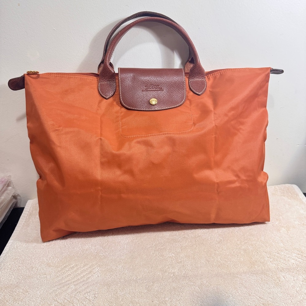 Vintage 2000s Longchamp Women's Orange Brown Le Pliage Large Travel Tote Bag
